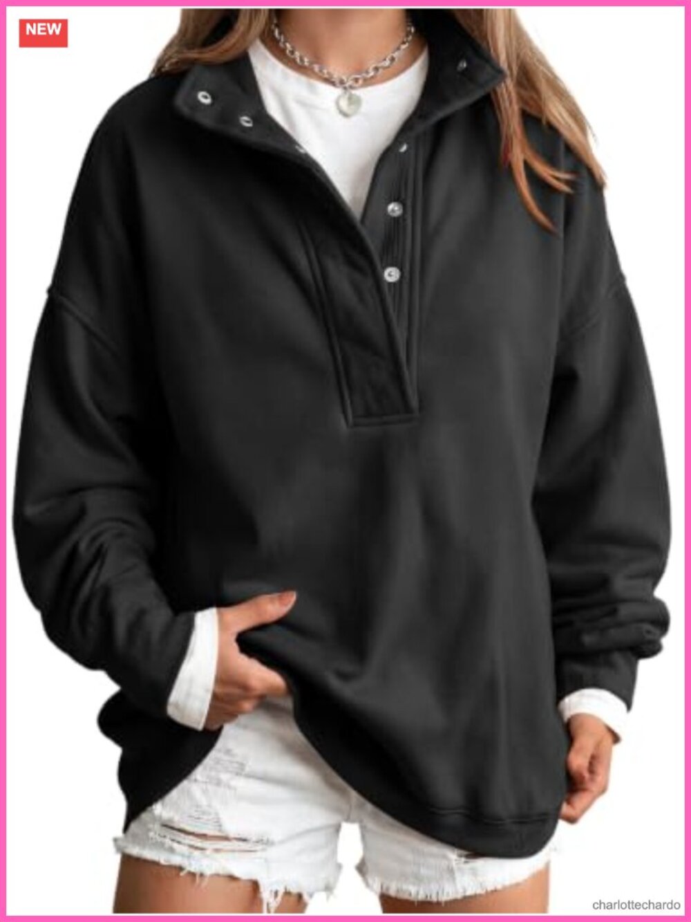 Women's Oversized Sweatshirt Henley Snap Collar Cozy Brushed Fleece Pullover
